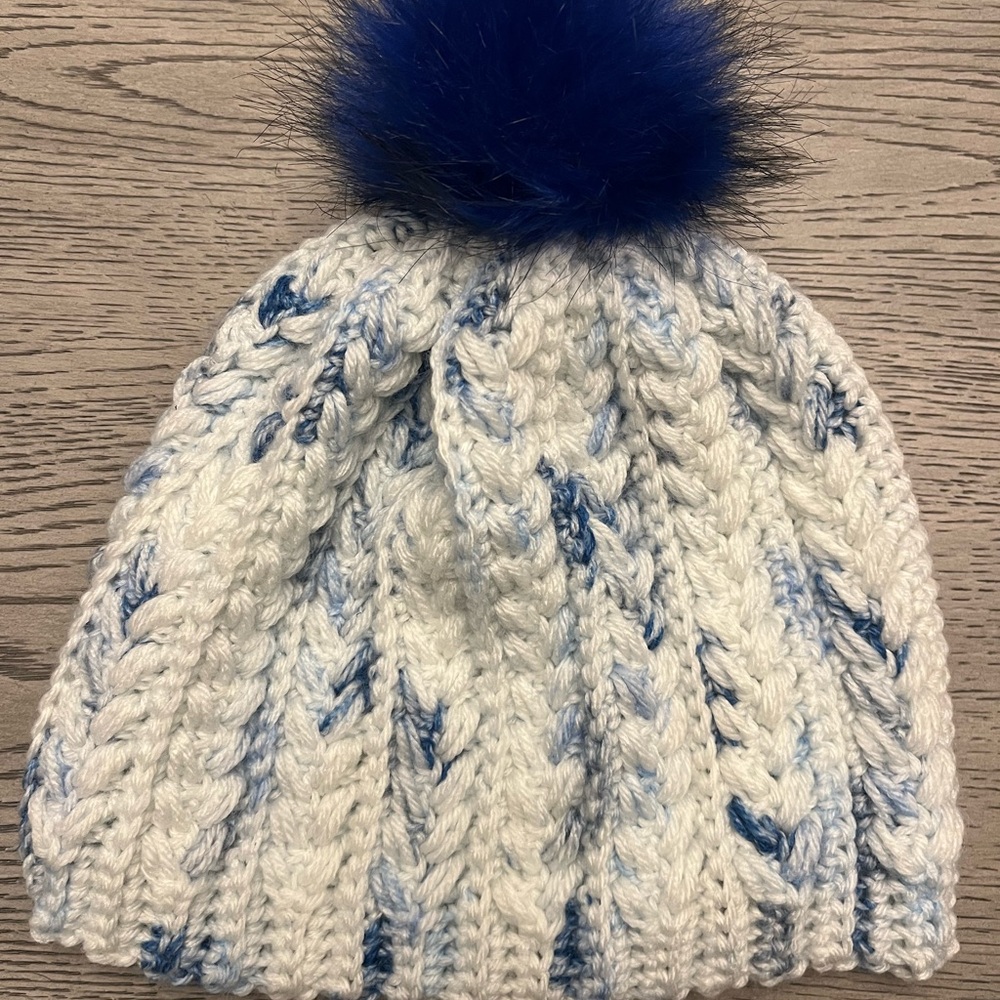Handmade Cozy Blue and White Pom-Pom Beanie